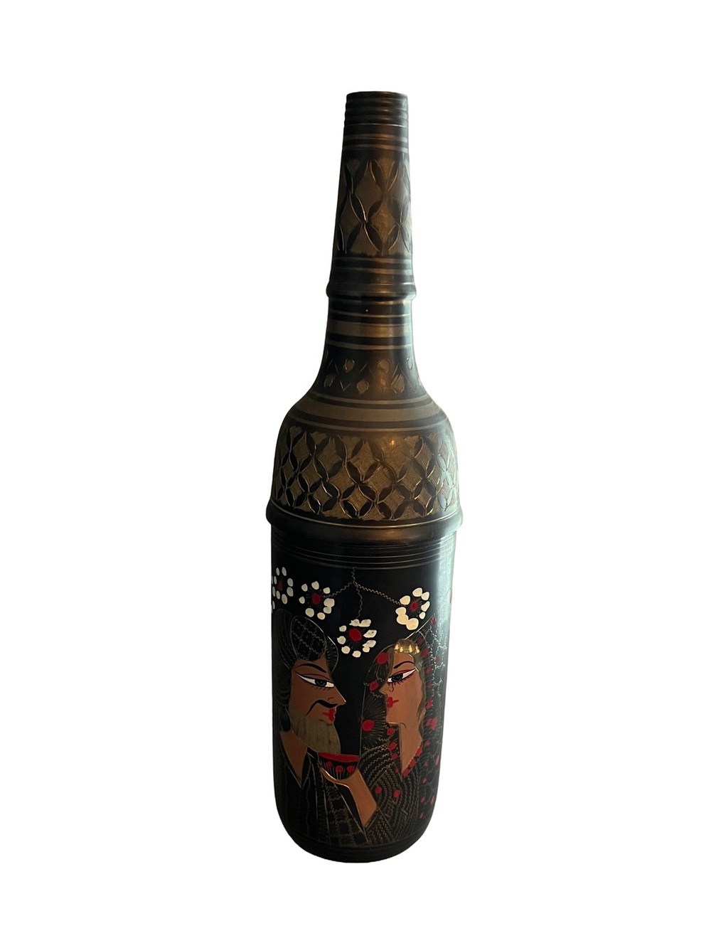 Vintage Persian etched brass decanter bottle shot glass stopper hand painted